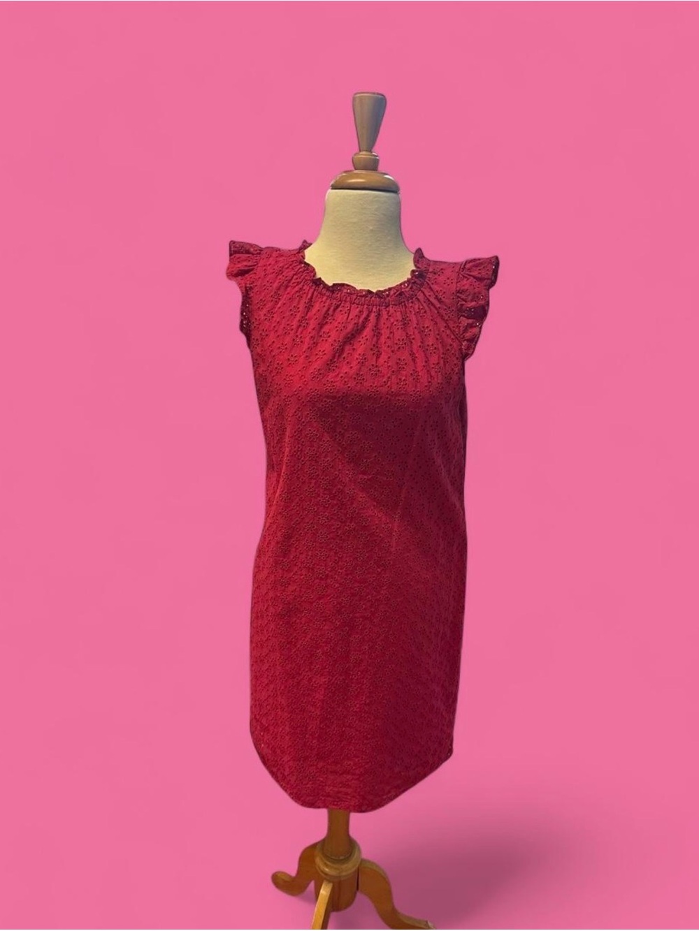 LOFT Raspberry Pink Eyelet Ruffle-Trim Shift cotton Dress